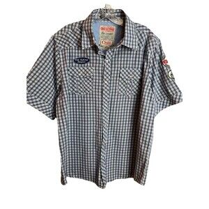 The De Corp Men's XL Blue  White‎ Plaid w Patches Short Sleeve Button Down